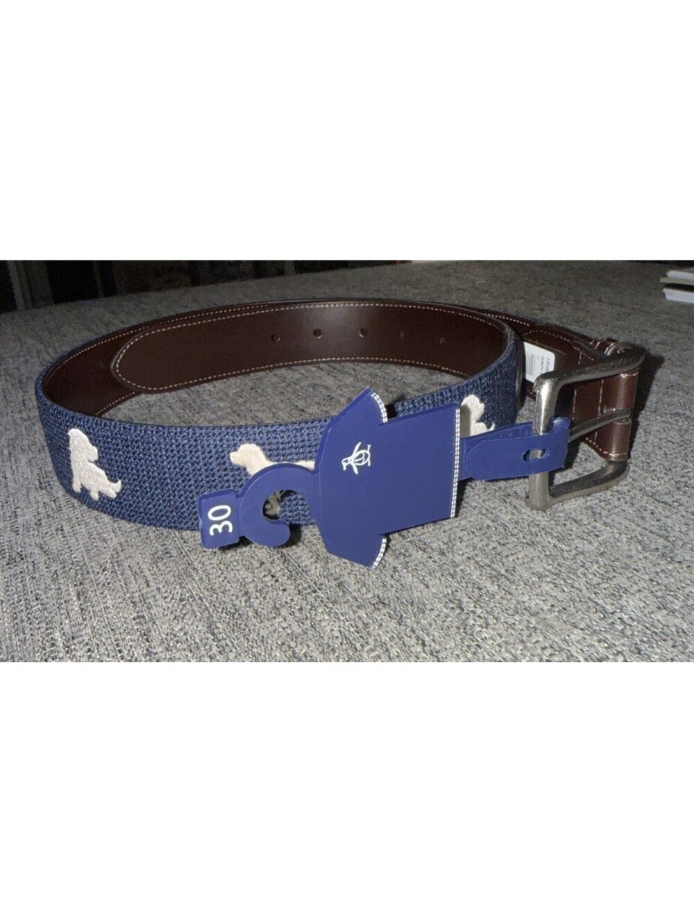 Original Penguin Men's 30 Golf Belt Needlepoint Dogs Navy/Brown Leather New